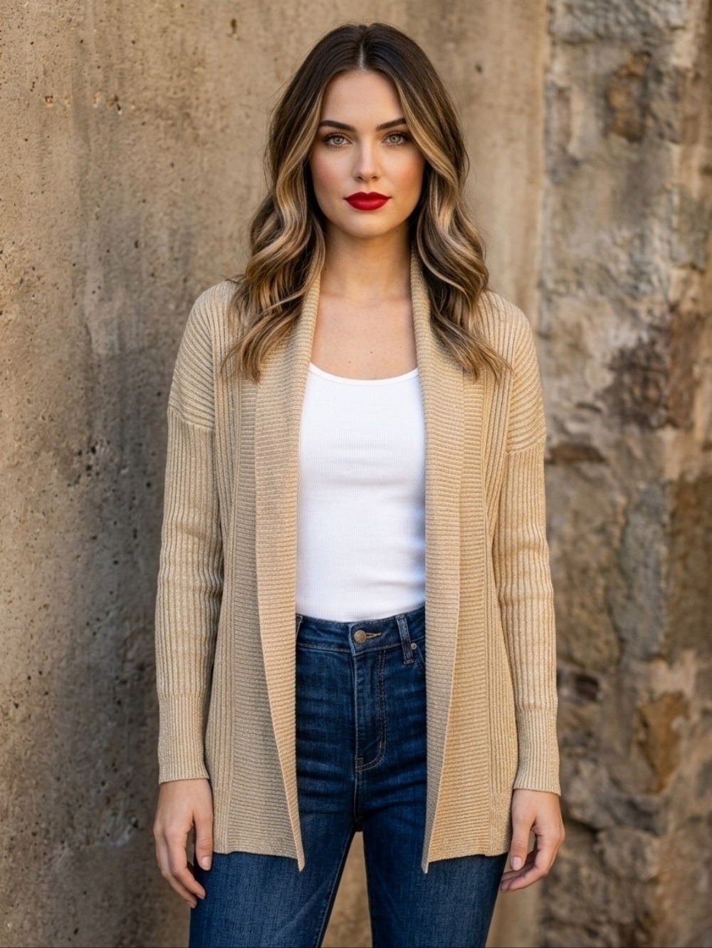 Tahari XS Tan Beige Open Front Cardigan